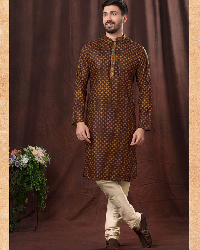 Chocolate Brown Polyester Printed Kurta Pyjama Set