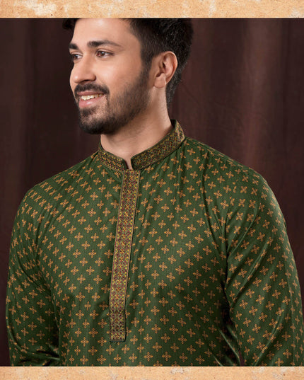 Moss Green Polyester Printed Kurta Pyjama Set