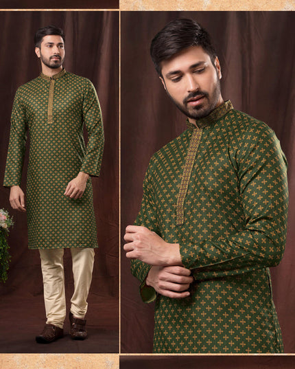 Moss Green Polyester Printed Kurta Pyjama Set