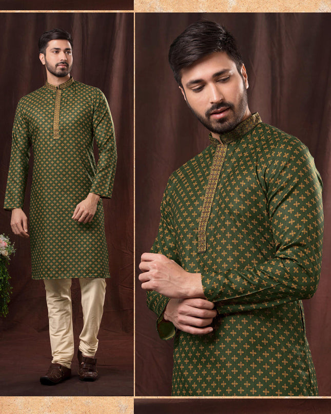 Moss Green Polyester Printed Kurta Pyjama Set