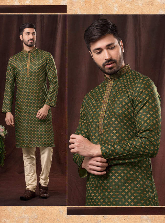 Moss Green Polyester Printed Kurta Pyjama Set