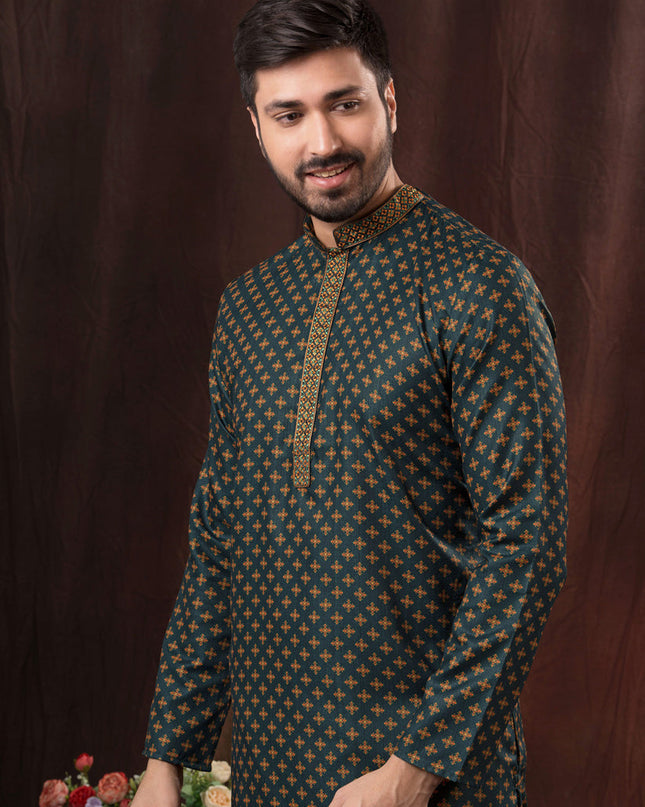 Peacock Blue Polyester Printed Kurta Pyjama Set