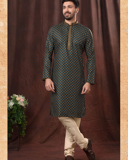Peacock Blue Polyester Printed Kurta Pyjama Set