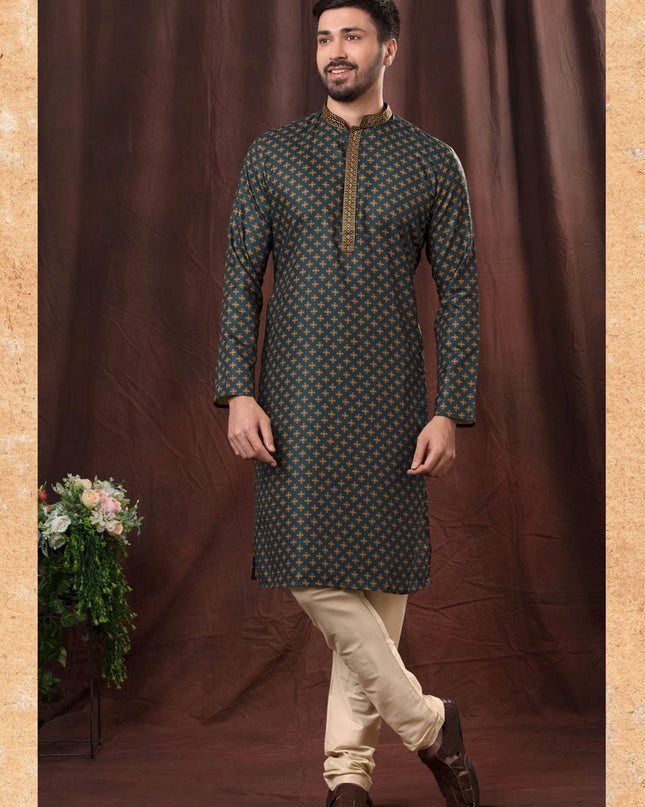 Peacock Blue Polyester Printed Kurta Pyjama Set