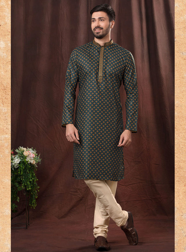Peacock Blue Polyester Printed Kurta Pyjama Set