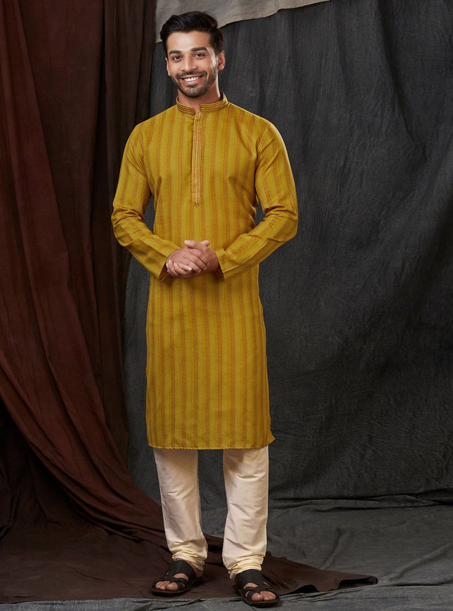 Mustard Polyester Printed Kurta Pyjama Set