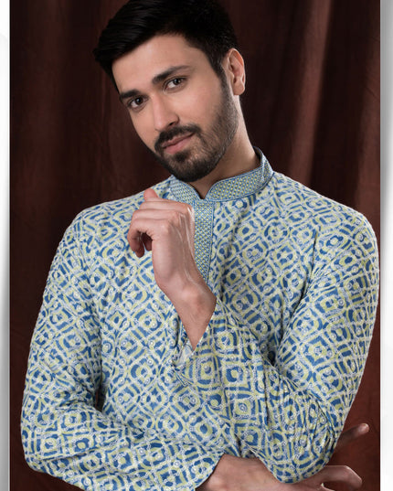 Indigo Polyester Silk Embroidered Kurta Pyjama Set