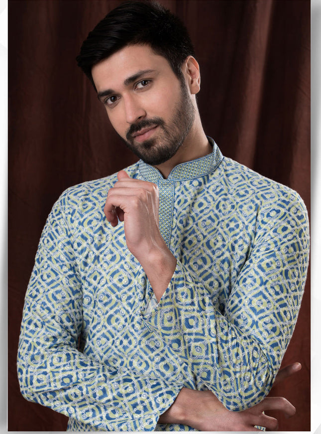 Indigo Polyester Silk Embroidered Kurta Pyjama Set