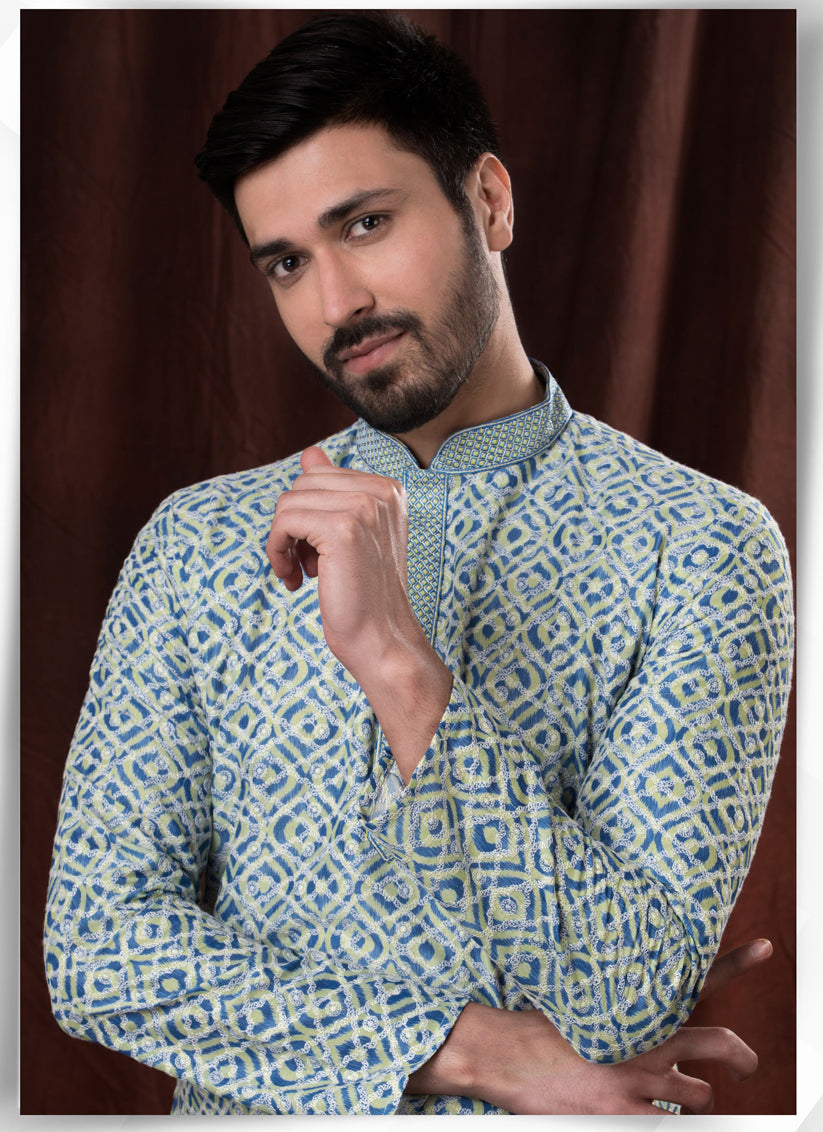 Indigo Polyester Silk Embroidered Kurta Pyjama Set