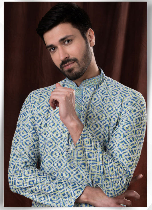 Indigo Polyester Silk Embroidered Kurta Pyjama Set