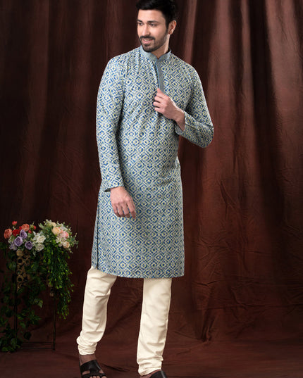 Indigo Polyester Silk Embroidered Kurta Pyjama Set