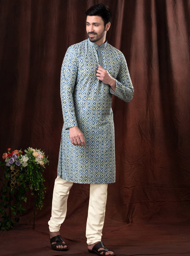 Indigo Polyester Silk Embroidered Kurta Pyjama Set