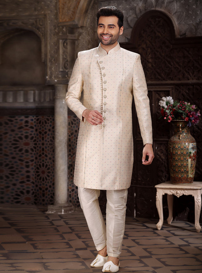 Ivory Banarasi Jacquard Indo Western