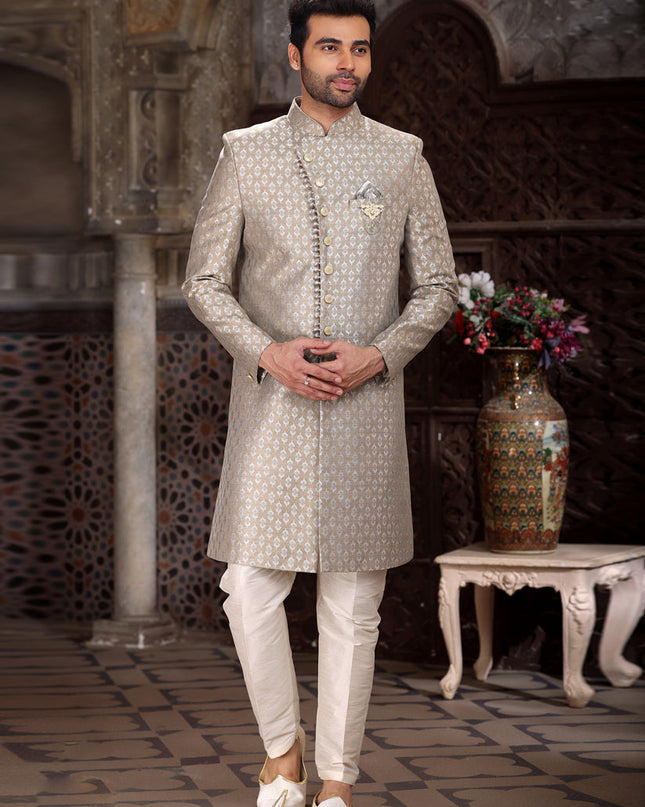Taupe Banarasi Jacquard Indo Western