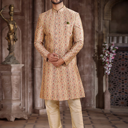 Beige Art Silk Printed Sherwani