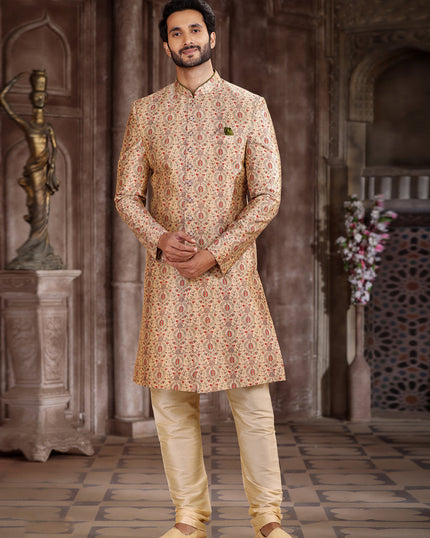 Beige Art Silk Printed Sherwani