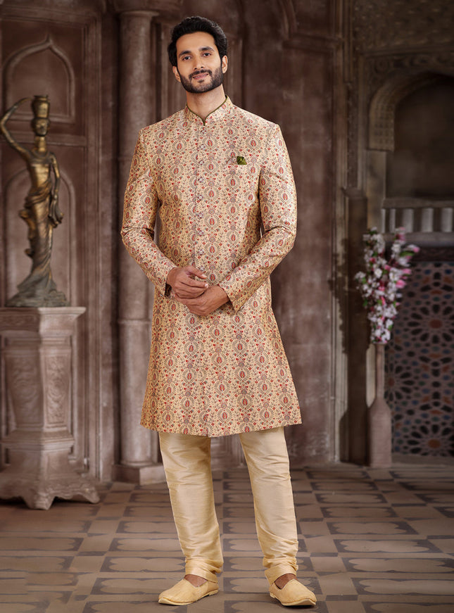 Beige Art Silk Printed Sherwani
