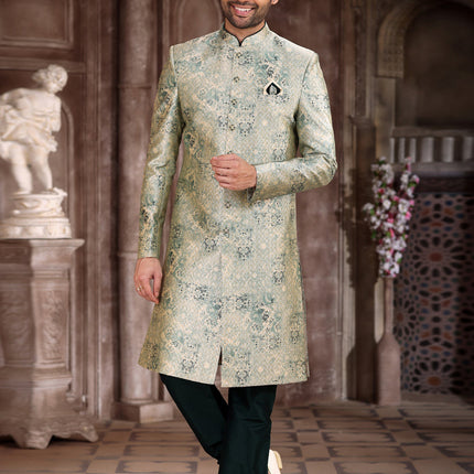 Pastel Green Art Silk Printed Sherwani