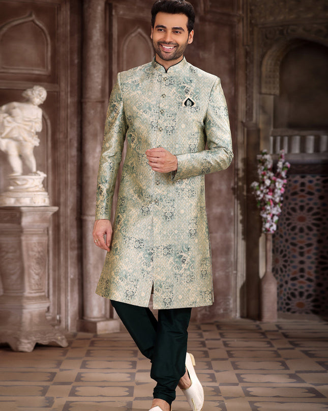 Pastel Green Art Silk Printed Sherwani