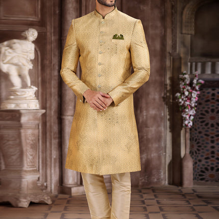 Fawn Art Silk Printed Sherwani