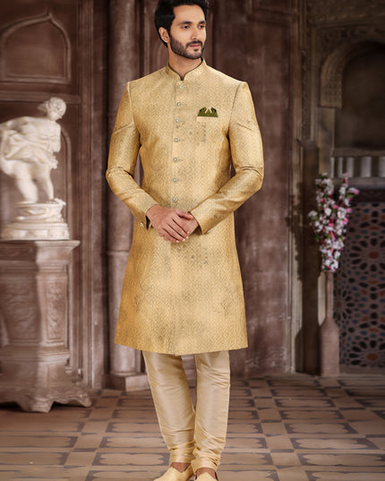 Fawn Art Silk Printed Sherwani