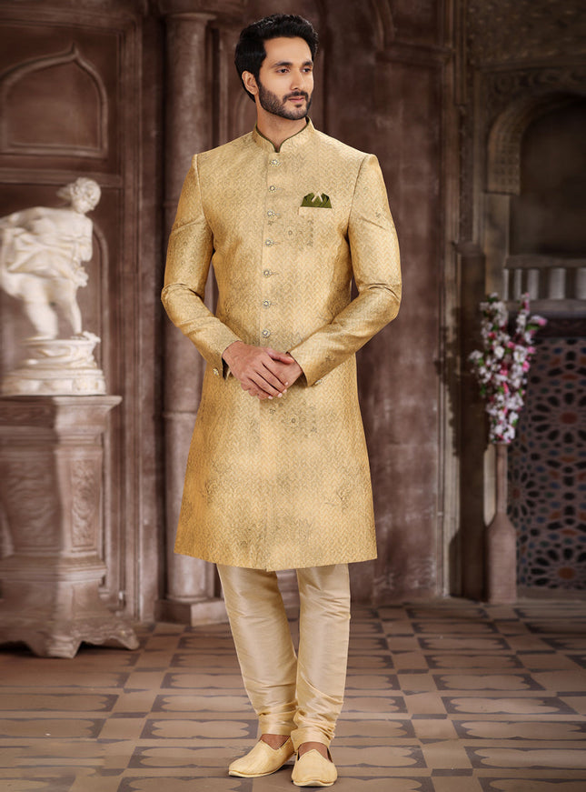 Fawn Art Silk Printed Sherwani