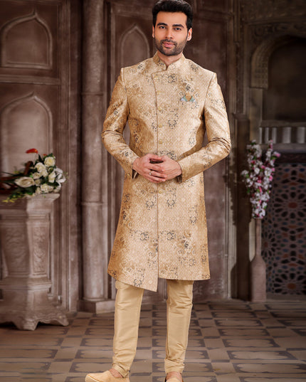 Khaki Art Silk Printed Sherwani