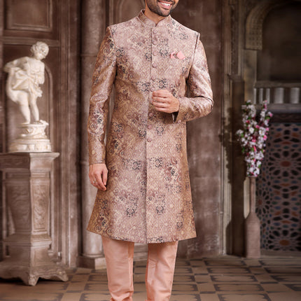 Rose Gold Art Silk Printed Sherwani