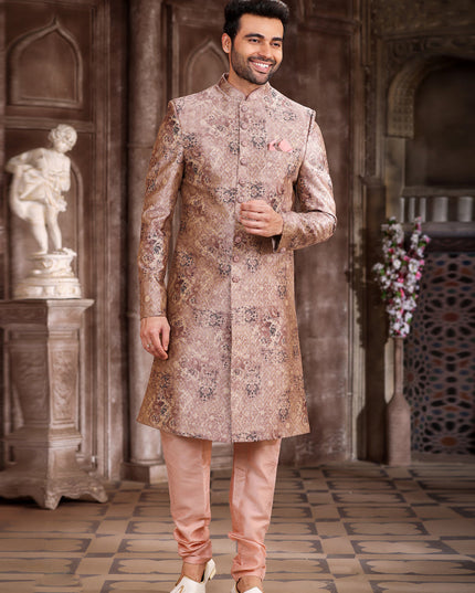 Rose Gold Art Silk Printed Sherwani