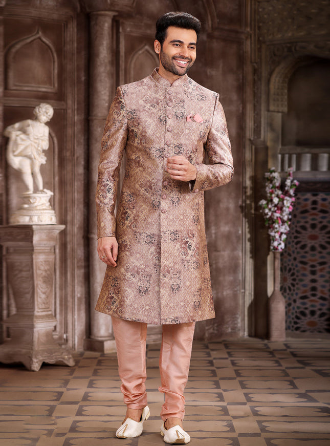 Rose Gold Art Silk Printed Sherwani