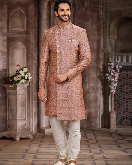 Rose Gold Art Silk Printed Sherwani