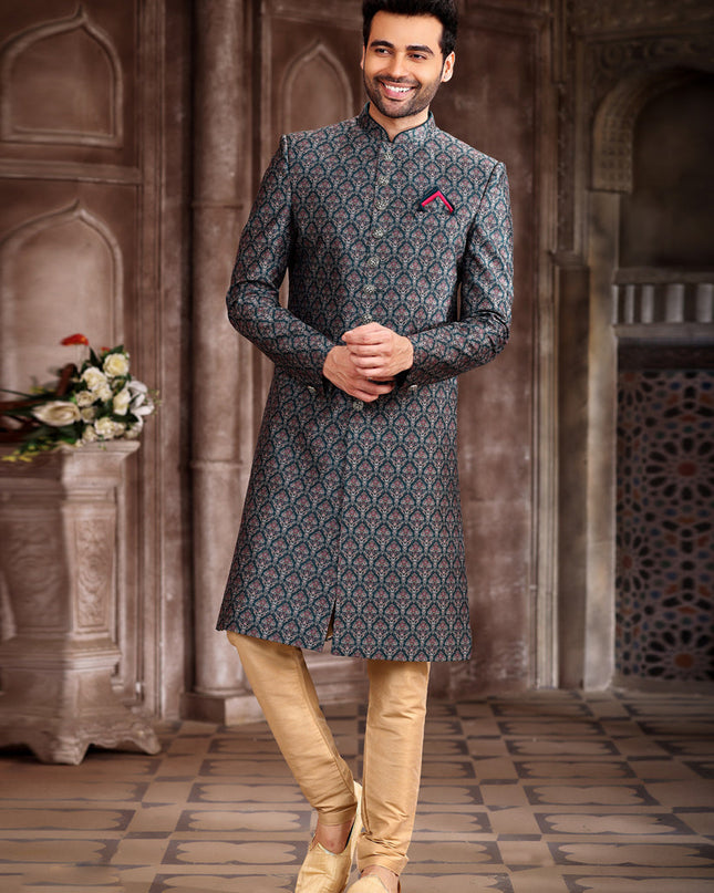 Teal Green Art Silk Printed Sherwani