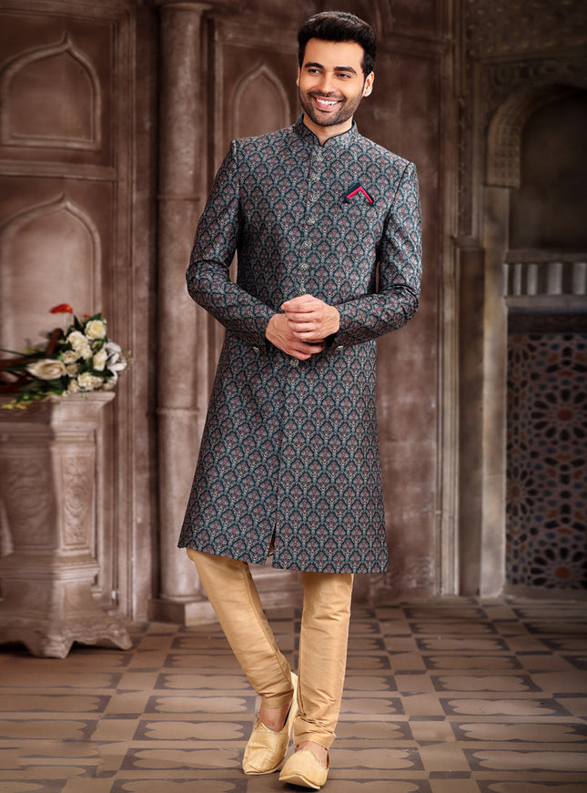 Teal Green Art Silk Printed Sherwani