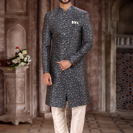 Black Art Silk Printed Sherwani
