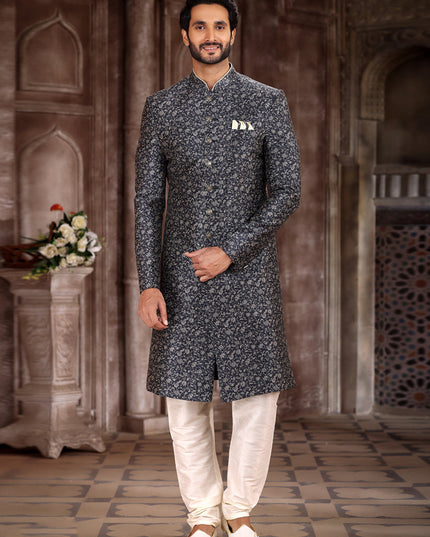 Black Art Silk Printed Sherwani