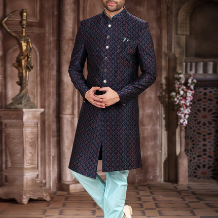 Midnight Blue Art Silk Printed Sherwani