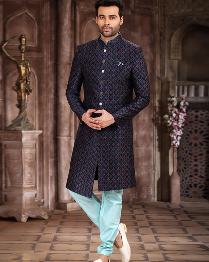 Midnight Blue Art Silk Printed Sherwani