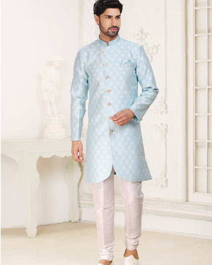 Ice Blue Banarasi Jacquard Semi Indo Western
