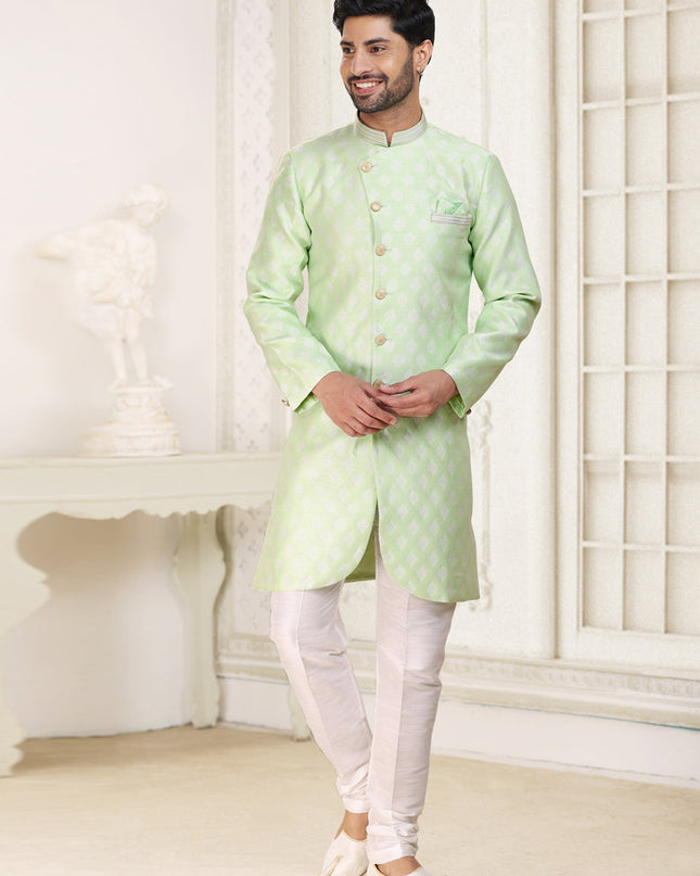 Pastel Green Banarasi Jacquard Semi Indo Western