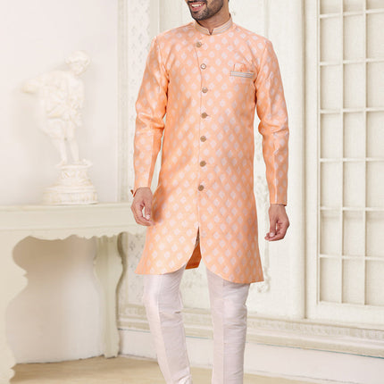 Peach Banarasi Jacquard Semi Indo Western