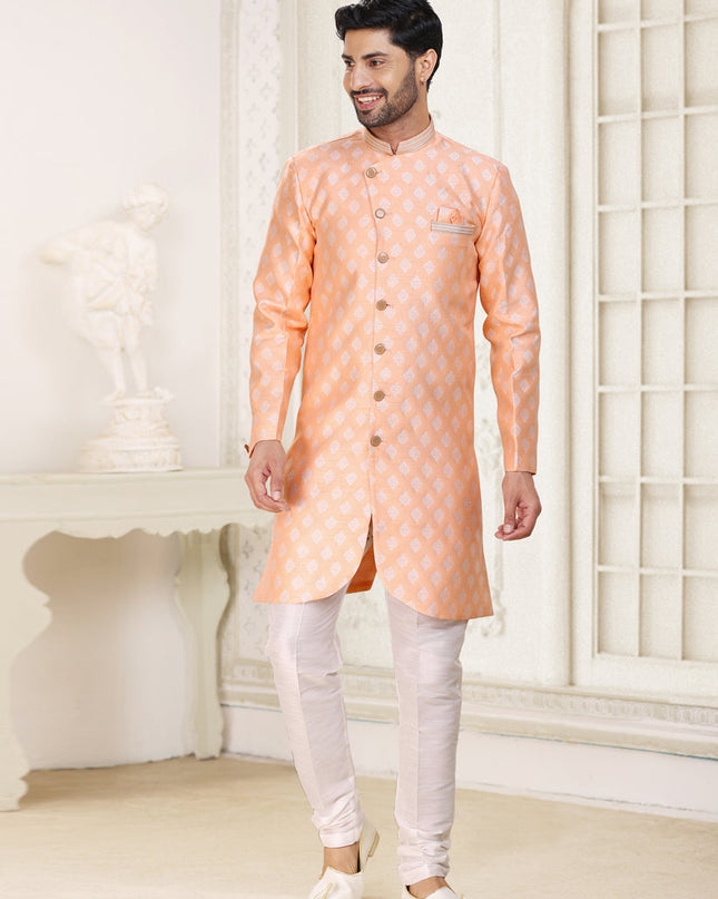 Peach Banarasi Jacquard Semi Indo Western