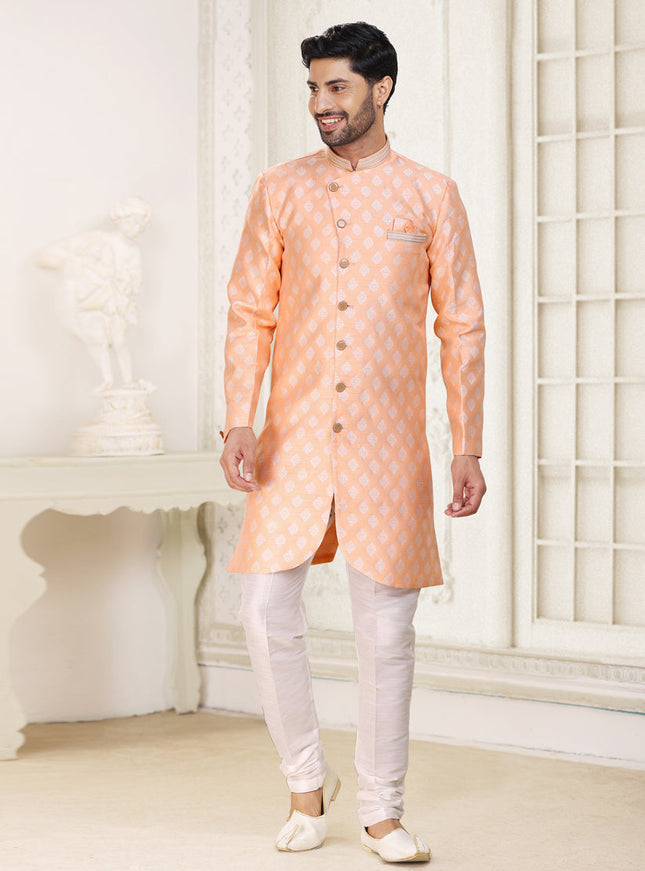 Peach Banarasi Jacquard Semi Indo Western