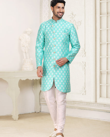 Turquoise Banarasi Jacquard Semi Indo Western