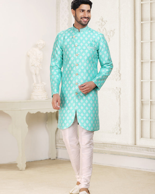 Turquoise Banarasi Jacquard Semi Indo Western