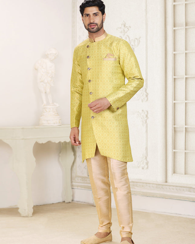 Lime Yellow Banarasi Jacquard Semi Indo Western