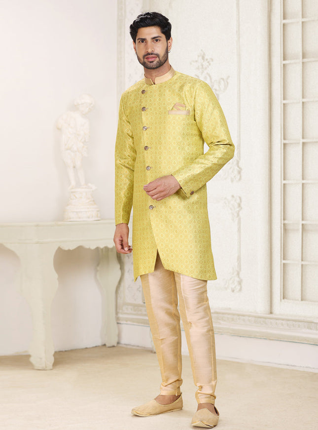 Lime Yellow Banarasi Jacquard Semi Indo Western