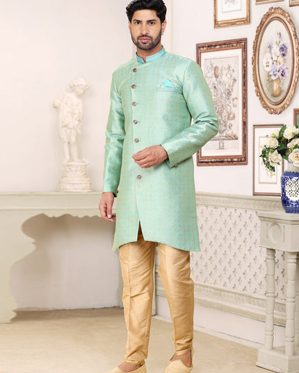 Aqua Mint Banarasi Jacquard Semi Indo Western