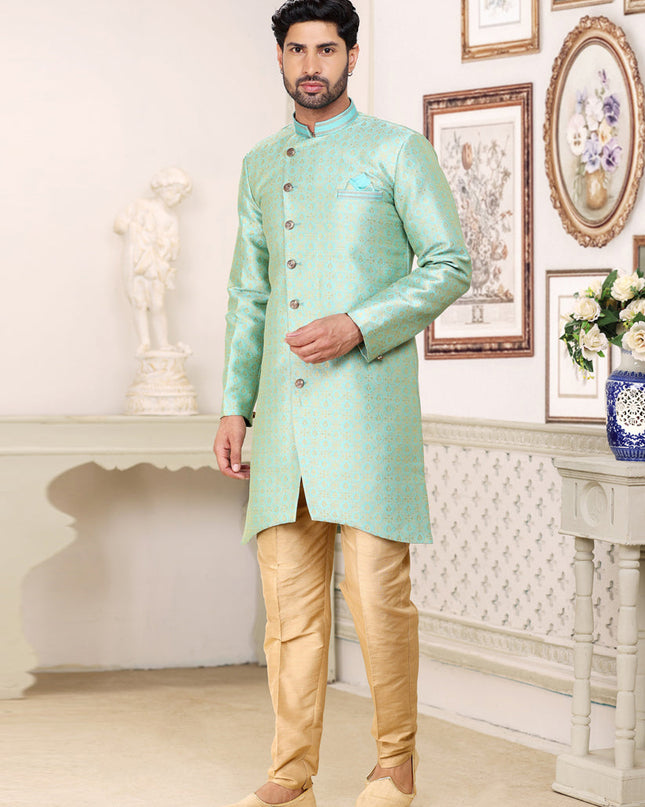 Aqua Mint Banarasi Jacquard Semi Indo Western