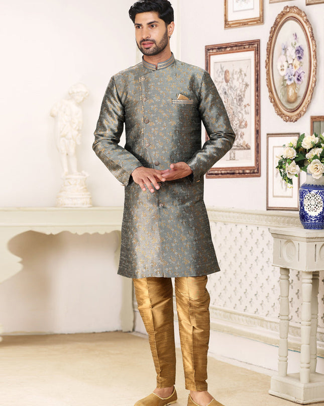 Dusty Grey Banarasi Jacquard Semi Indo Western