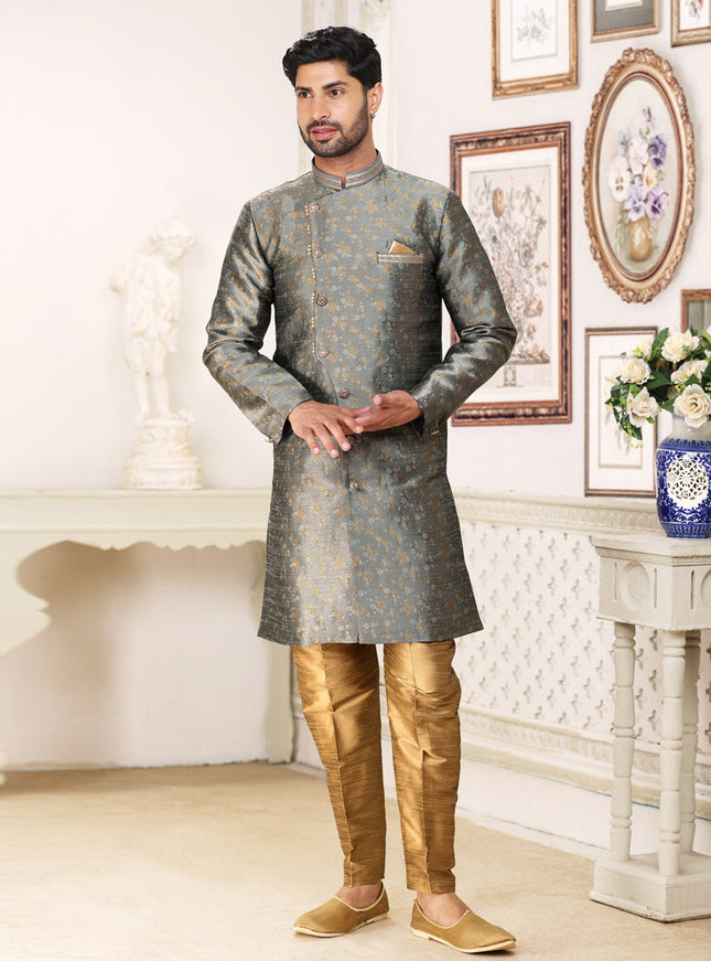 Dusty Grey Banarasi Jacquard Semi Indo Western